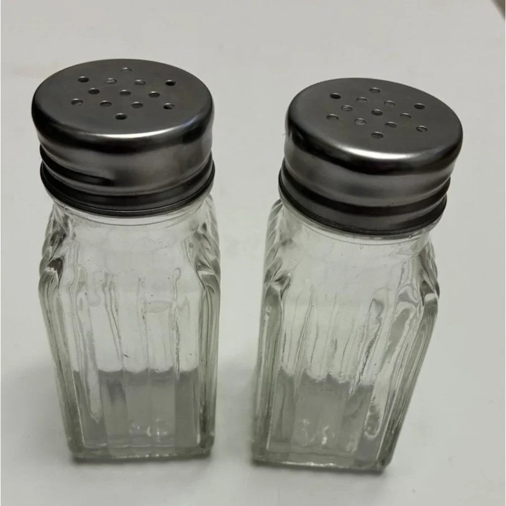 Vintage Ribbed Square Salt & Pepper Shakers Clear Chrome Clear Glass‎